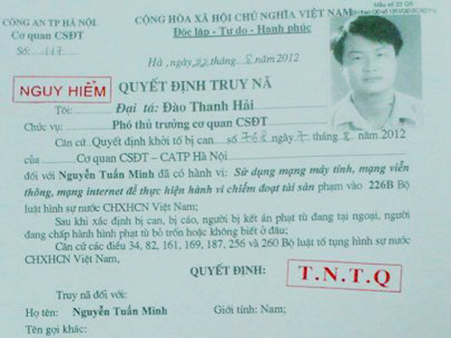 Quyết định truy nã đối với Nguyễn Tuấn Minh