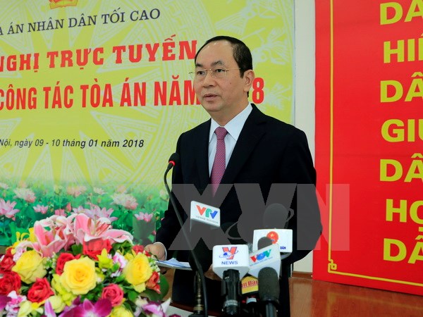Chủ tịch nước Trần Đại Quang, Trưởng Ban Chỉ đạo cải cách Tư pháp Trung ương đến dự và phát biểu chỉ đạo Hội nghị tổng kết năm 2017 và triển khai công tác năm 2018 của ngành Tòa án 