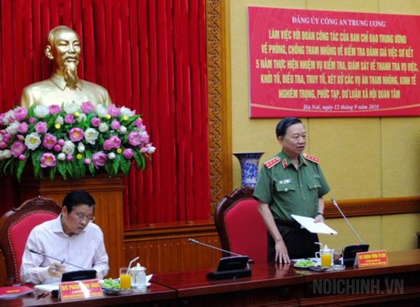Thượng tướng Tô Lâm, Ủy viên Bộ Chính Trị, Bí thư Đảng uỷ Công an Trung ương, Bộ trưởng Bộ Công an phát biểu tại buổi làm việc