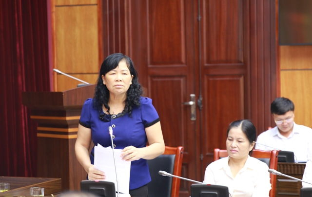 Đồng chí Giàng Thị Hoa, Ủy viên Ban Thường vụ Tỉnh ủy, Phó Chủ tịch HĐND tỉnh phát biểu tại Hội nghị