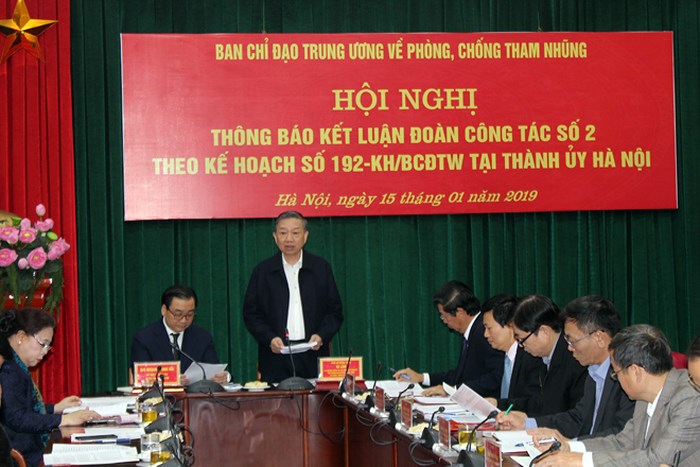 Đoàn công tác của Ban Chỉ đạo Trung ương về phòng, chống tham nhũng làm việc với Ban Thường vụ Thành ủy Hà Nội tháng 1-2019