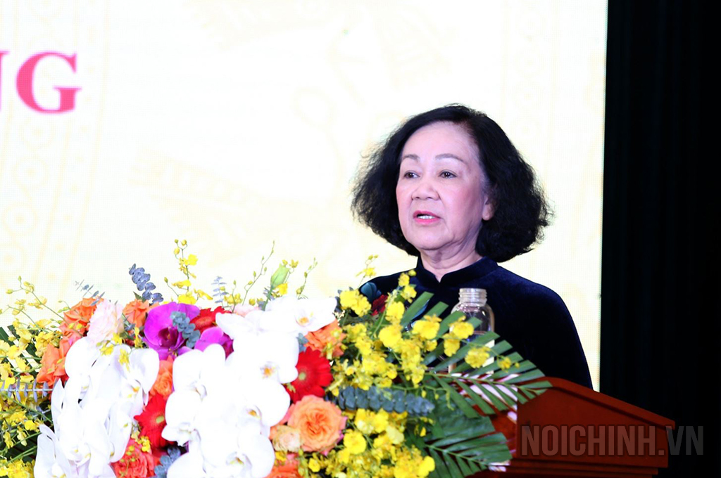 Đồng chí Trương Thị Mai, Ủy viên Bộ Chính trị, Thường trực Ban Bí thư, Trưởng ban Tổ chức Trung ương phát biểu tại Lễ Kỷ niệm