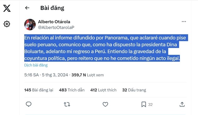 Trong một bài đăng trên tài khoản X cá nhân, ông Otarola phủ nhận thực hiện bất kỳ hành vi vi phạm pháp luật nào. Nguồn: twitter Alberto Otárola 