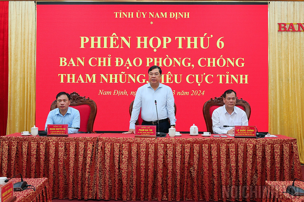 Đồng chí Phạm Gia Túc, Ủy viên Trung ương Đảng, Bí thư Tỉnh ủy, Trưởng Ban Chỉ đạo phòng, chống tham nhũng, tiêu cực tỉnh Nam Định phát biểu