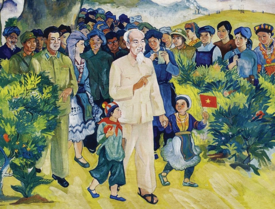 Bác Hồ với đồng bào các dân tộc (Bảo tàng Mỹ thuật Việt Nam).Tác giả: Đặng Nam