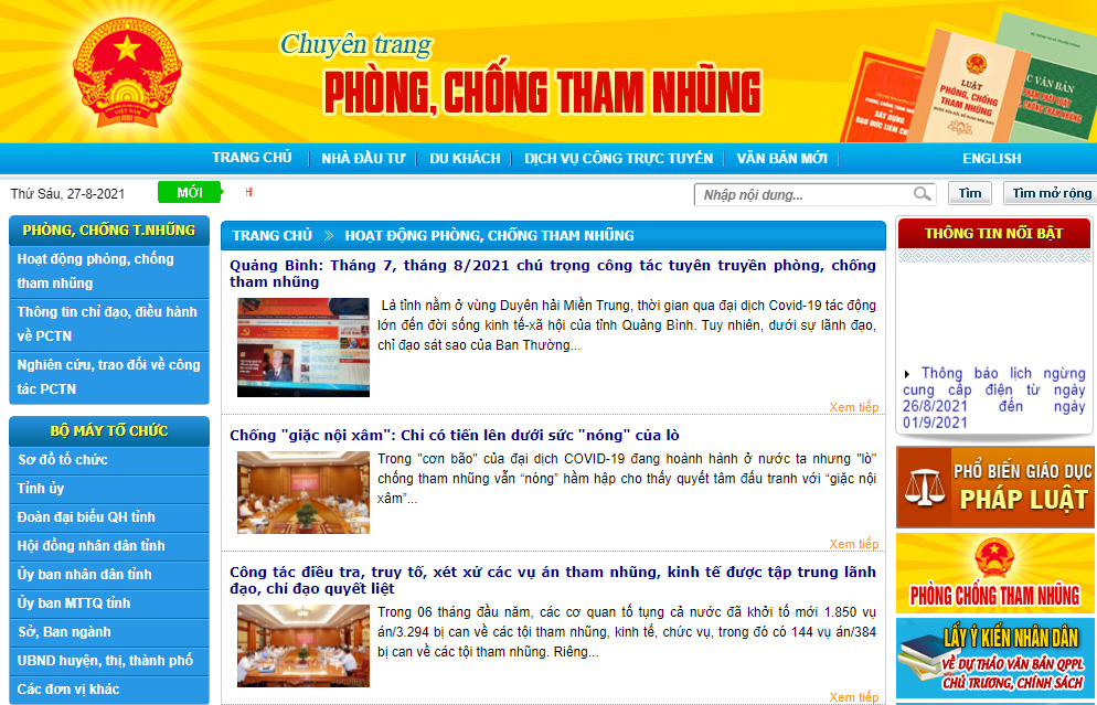 Chuyên trang phòng, chống tham nhũng trên Cổng thông tin điện tử Quảng Bình