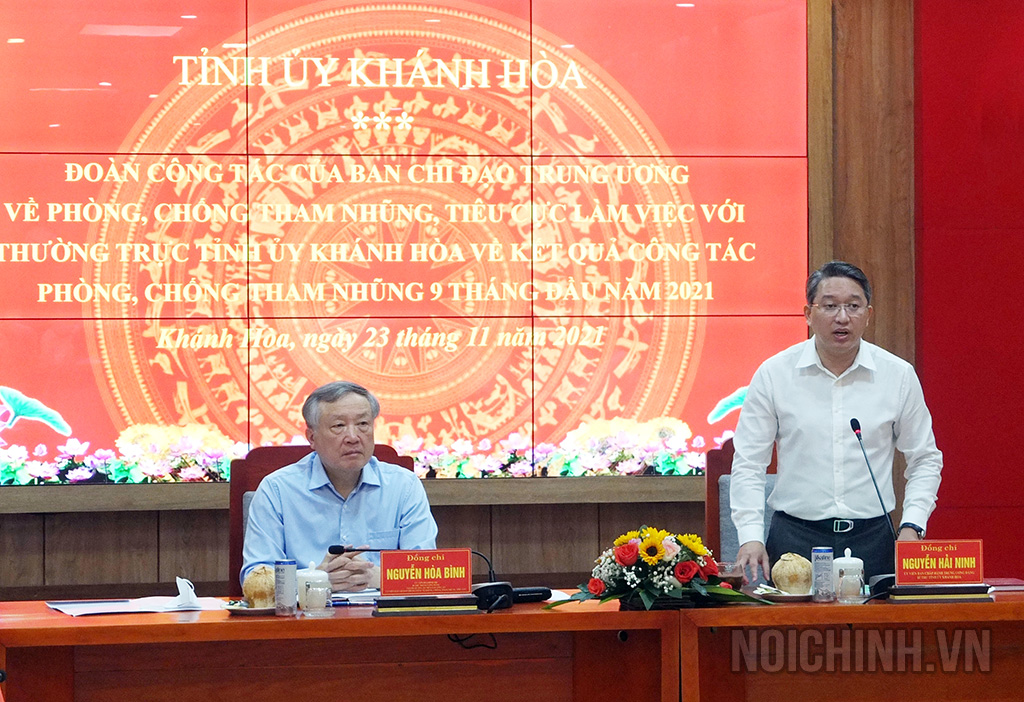 Đồng chí Nguyễn Hải Ninh, Ủy viên Trung ương Đảng, Bí thư Tỉnh ủy Khánh Hòa phát biểu tại buổi làm việc