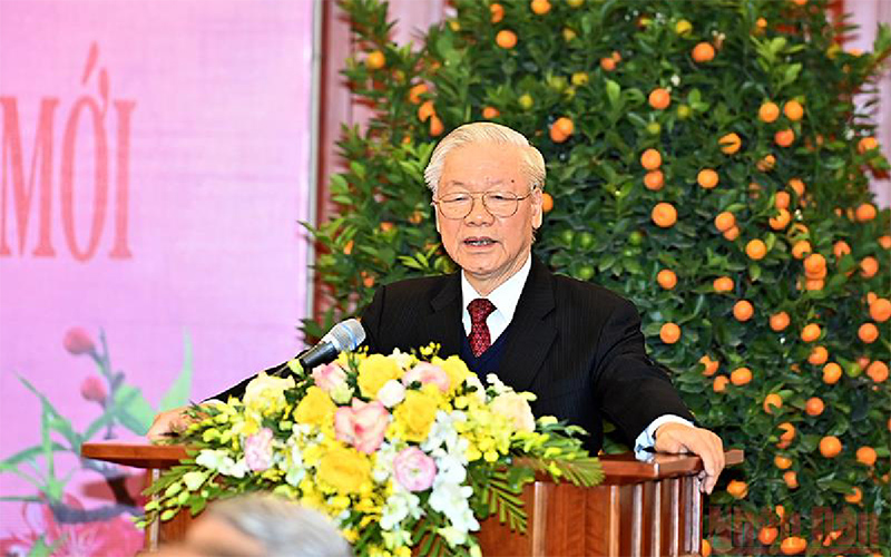 Tổng Bí thư Nguyễn Phú Trọng phát biểu chúc Tết các đồng chí lãnh đạo, nguyên lãnh đạo Đảng, Nhà nước. (Ảnh: Đăng Khoa)