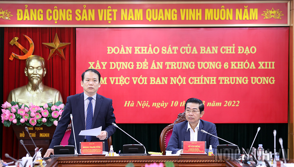 Đồng chí Hoàng Thanh Tùng, Chủ nhiệm Ủy ban Pháp luật của Quốc hội, Phó Trưởng Ban Chỉ đạo Đề án Trung ương 6, Trưởng đoàn khảo sát phát biểu tại buổi làm việc