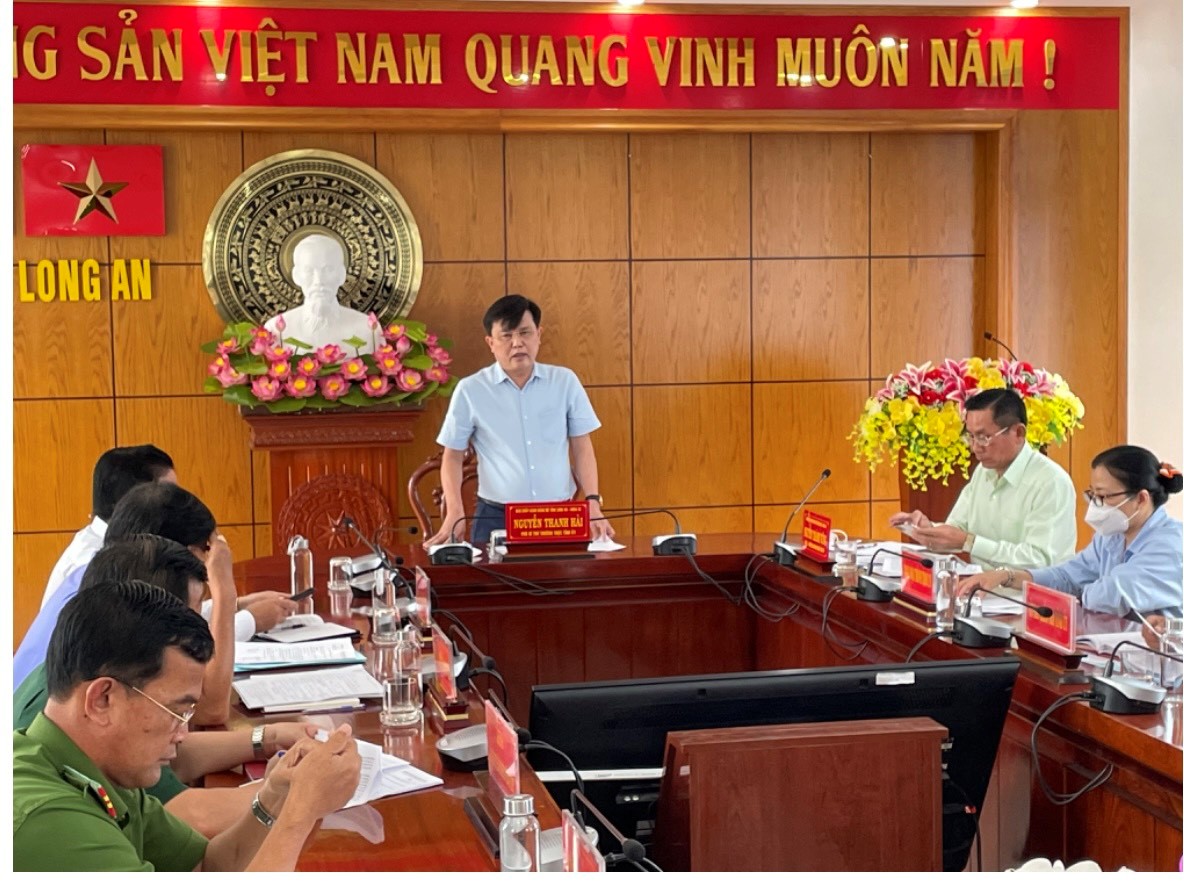 Đồng chí Nguyễn Thanh Hải, Phó Bí thư Thường trực Tỉnh ủy Long An phát biểu tại Hội nghị giao ban các cơ quan Khối nội chính Tỉnh Quý I/2022