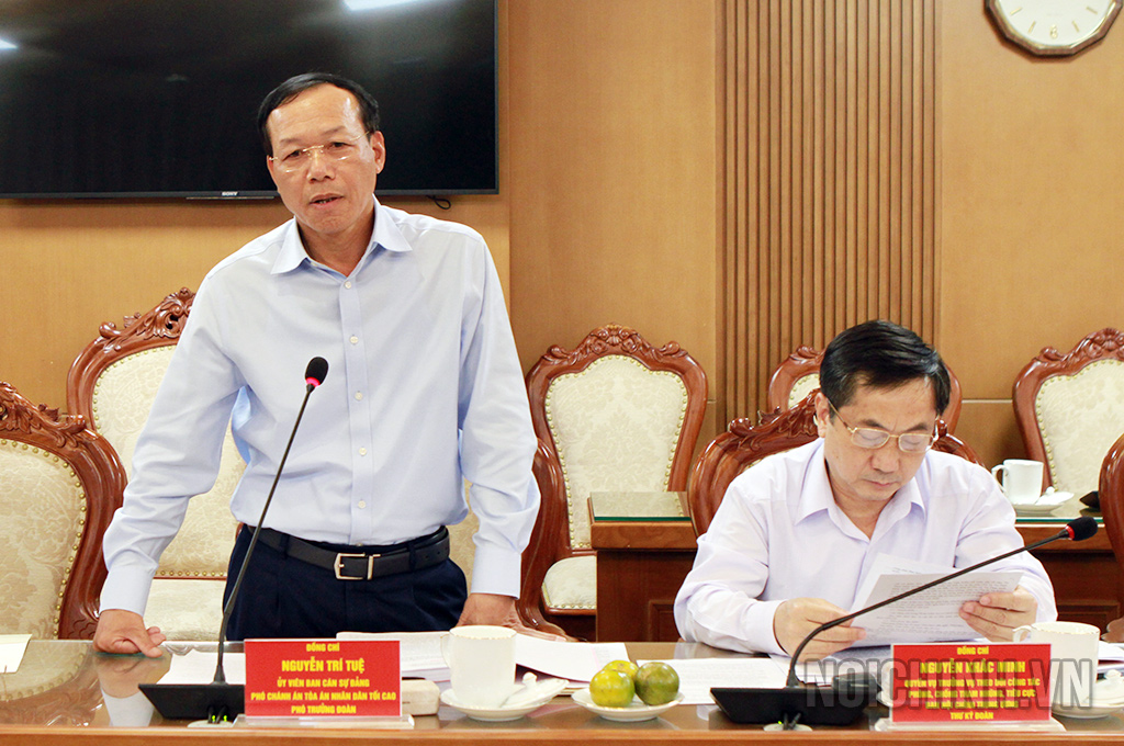 Đồng chí Nguyễn Trí Tuệ, Phó Chánh án Thường trực Tòa án nhân dân tối cao, Phó trưởng Đoàn kiểm tra số 3 phát biểu tại buổi làm việc