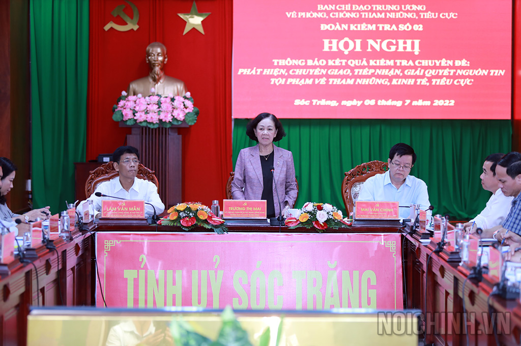 Đồng chí Trương Thị Mai, Ủy viên Bộ Chính trị, Bí thư Trung ương Đảng, Trưởng Ban Tổ chức Trung ương, Phó trưởng Ban Chỉ đạo, Trưởng đoàn kiểm tra phát biểu kết luận