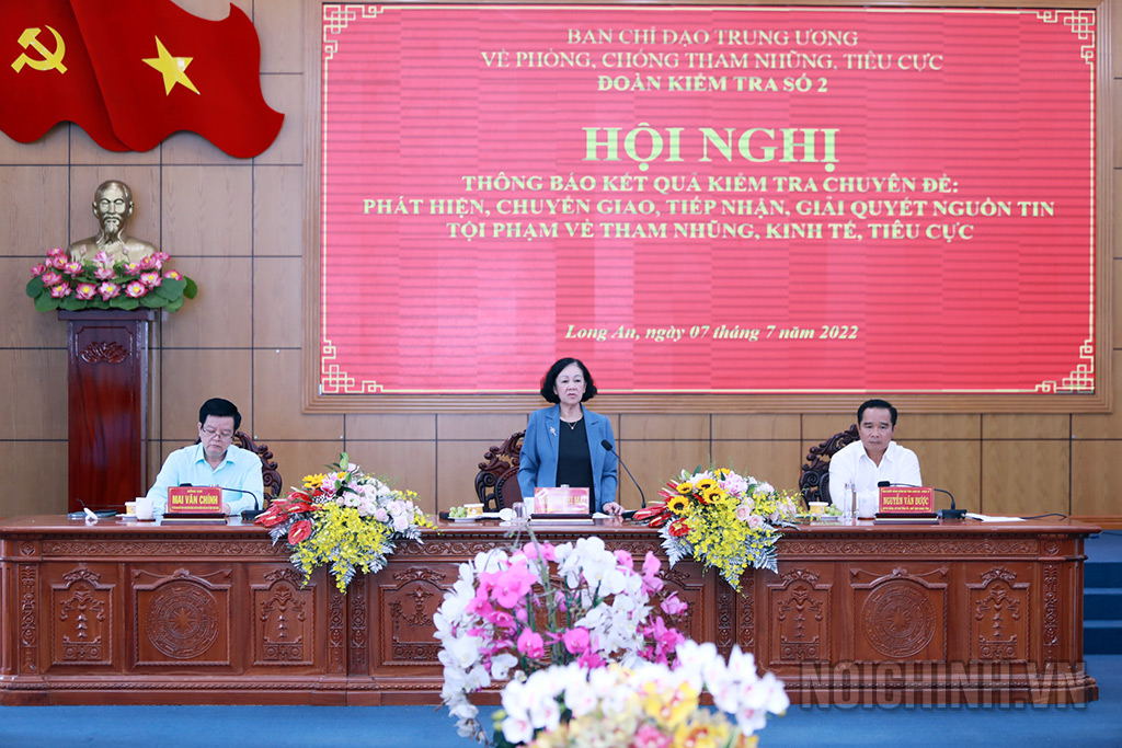 Đồng chí Trương Thị Mai, Ủy viên Bộ Chính trị, Bí thư Trung ương Đảng, Trưởng Ban Tổ chức Trung ương, Phó trưởng Ban Chỉ đạo, Trưởng đoàn kiểm tra phát biểu kết luận