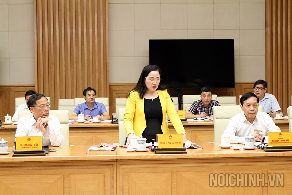Đồng chí Nguyễn Thị Thủy, Phó Chủ nhiệm Ủy ban Tư pháp của Quốc hội phát biểu tại buổi làm việc