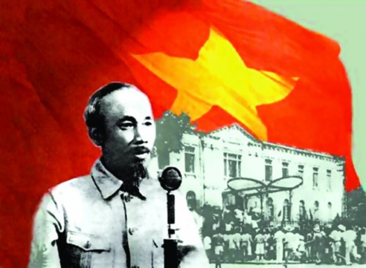 Chủ tịch Hồ Chí Minh đọc bản tuyên ngôn độc lập. (Ảnh đồ họa: Quang Huy) Báo điện tử VOV
