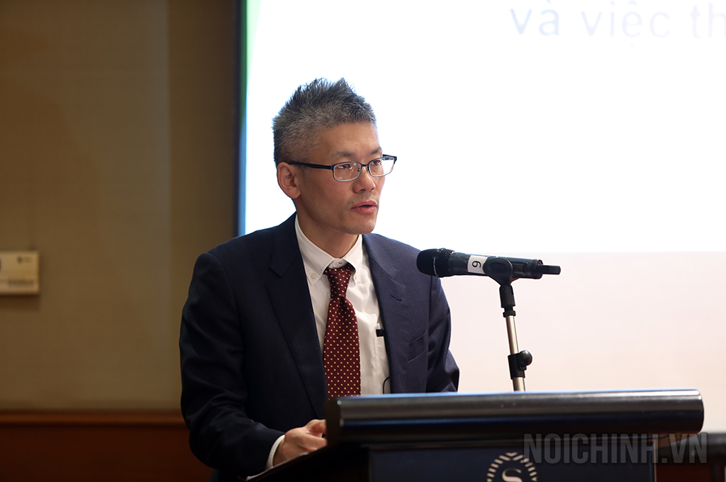 Ông Kono Ryuzo, Cố vấn trưởng Dự án Pháp luật và Tư pháp, Cơ quan hợp tác quốc tế Nhật Bản (Jica) phát biểu tại Hội thảo
