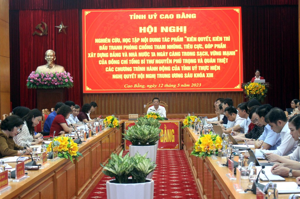 Toàn cảnh Hội nghị điểm cầu Tỉnh ủy Cao Bằng