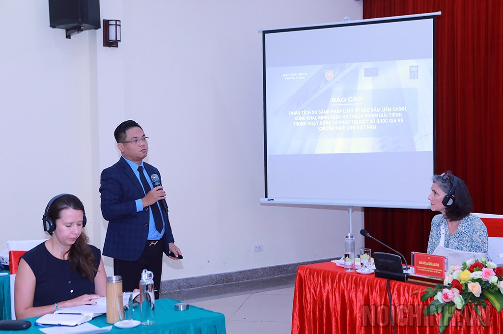 Ông Nguyễn Thanh Hà, Chủ tịch Công ty Luật SB Law trinh bày Báo cáo Nghiên cứu so sánh pháp luật về bảo đảm liêm chính, công khai, minh bạch và trách nhiệm giải trình trong hoạt động tư pháp tại một số quốc gia và bài học kinh nghiệm cho Việt Nam
