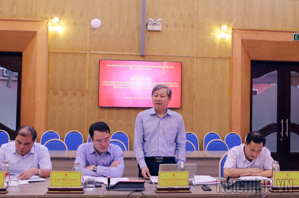 Đồng chí Nguyễn Cảnh Lam, Vụ trưởng Vụ Theo dõi công tác phòng, chống tham nhũng, tiêu cực, Thư ký Đoàn kiểm tra phát biểu tại Hội nghị
