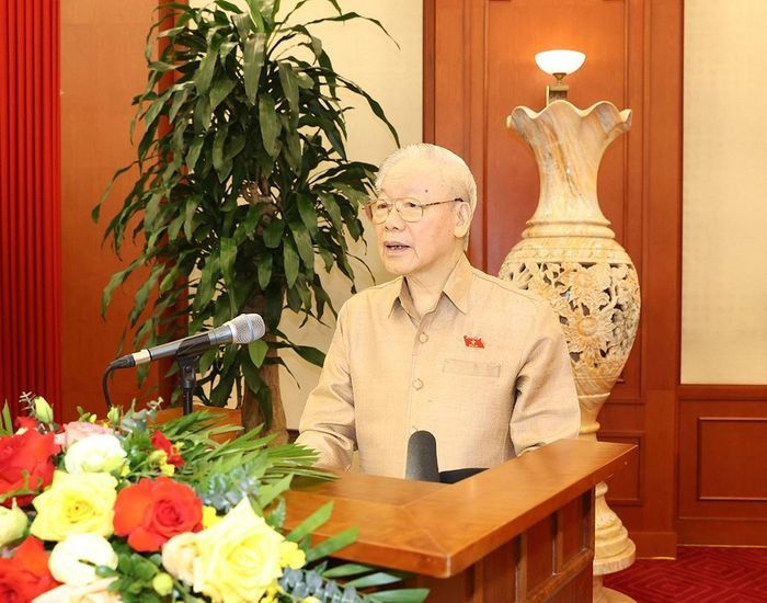 Đồng chí Tổng Bí thư Nguyễn Phú Trọng phát biểu tại buổi gặp mặt Đoàn đại biểu điển hình tiêu biểu toàn quốc trong việc học tập và làm theo tư tưởng, đạo đức, phong cách Hồ Chí Minh năm 2023