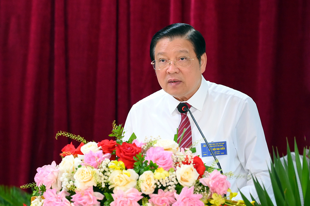 Đồng chí Phan Đình Trạc, Ủy viên Bộ Chính trị, Bí thư Trung ương Đảng, Trưởng Ban Nội chính Trung ương phát biểu tại Đại hội